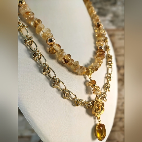 Natural Yellow Citrine Beads & Barbed Chain Two Strand Gold Plated Necklace - Picture 3 of 9